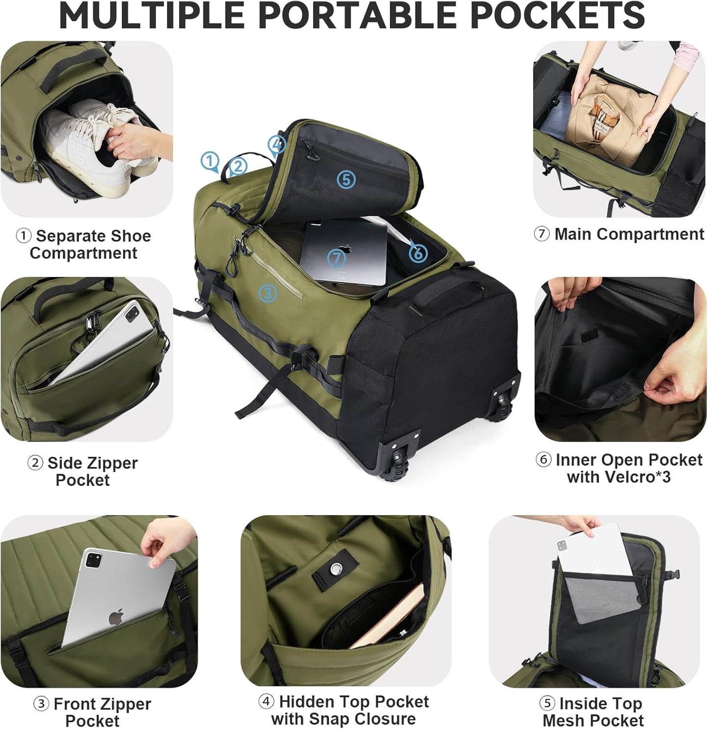 85L 29“ Foldable Rolling Backpack with Wheels, Soft-Side Travel Duffle Bag with Separate Shoe Compartment, Full Quilted Bottom, Army Green