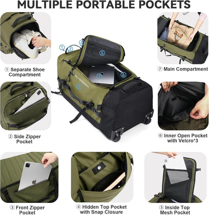 85L 29“ Foldable Rolling Backpack with Wheels, Soft-Side Travel Duffle Bag with Separate Shoe Compartment, Full Quilted Bottom, Army Green