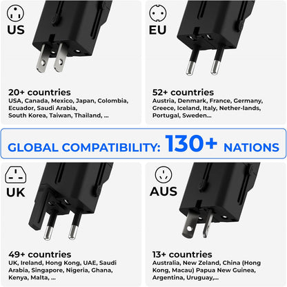 Rolling Square Portable Pocket Travel Adapter I Universal USB-C Charger for 200+ Countries I US, EU, UK, AU Plug 30W Fast Charging for Smartphones, Tablets & More I Compact & Lightweight I Black