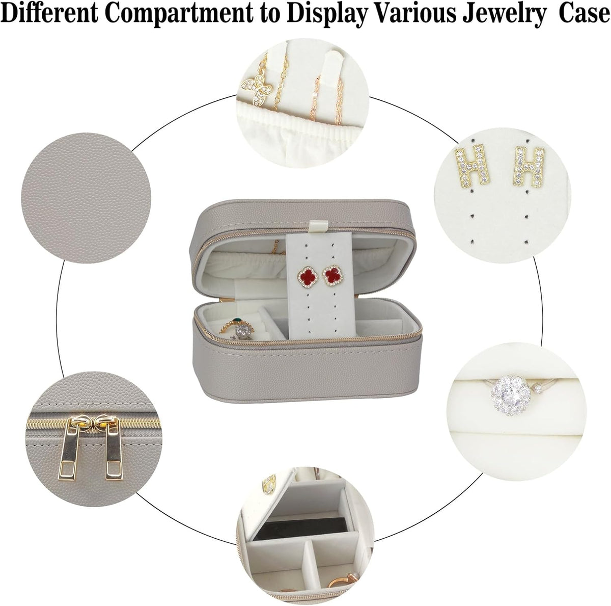 Travel Jewelry Case Small Suitable For Jewelry Organizers and storage In A Carry-on Handbag, PU Leather, Sturdy And Smooth Gold Metal Zipper, Travel Essential Gray Small Jewelry Box