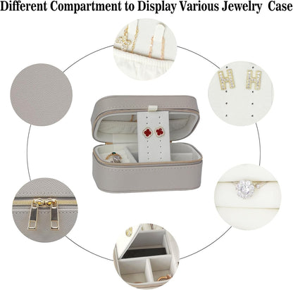 Travel Jewelry Case Small Suitable For Jewelry Organizers and storage In A Carry-on Handbag, PU Leather, Sturdy And Smooth Gold Metal Zipper, Travel Essential Gray Small Jewelry Box