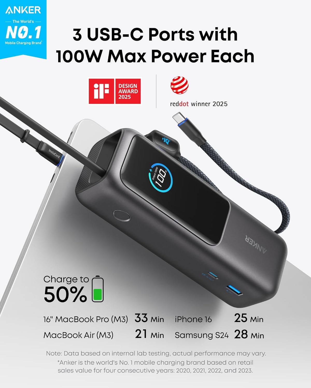 Anker Laptop Power Bank, 25,000mAh Portable Charger with Triple 100W USB-C Ports, Built-in and Retractable Cables, for iPhone 16/15 Series, MacBook, Samsung, and More (Flight-Approved)