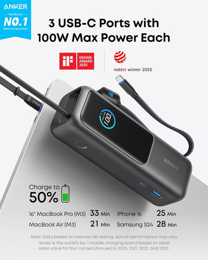 Anker Laptop Power Bank, 25,000mAh Portable Charger with Triple 100W USB-C Ports, Built-in and Retractable Cables, for iPhone 16/15 Series, MacBook, Samsung, and More (Flight-Approved)
