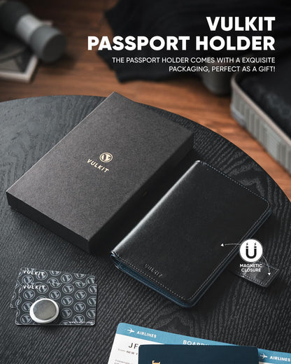 VULKIT Passport Holder with Airtag Holder RFID Blocking Passport Wallet Travel Leather Passport for Women(Black Navy)
