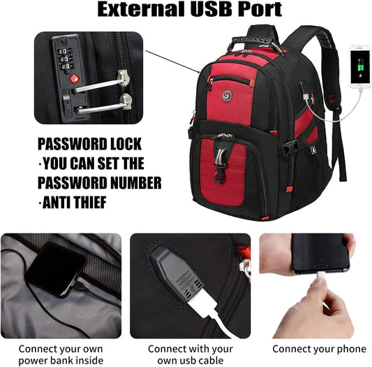 SHRRADOO Extra Large 50L Travel Laptop Backpack with USB Charging Port, College High School Backpack Airline Approved Business Work Bag Fit 17 Inch Laptops for Men Women,Red