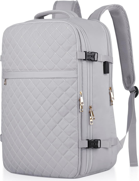 MOMUVO Large Travel Backpack Women, Flight Approved Carry On Backpack, Water Resistant Anti-Theft Large Casual Daypack Fit 17 Inch Laptop with USB Charging Port, Grey