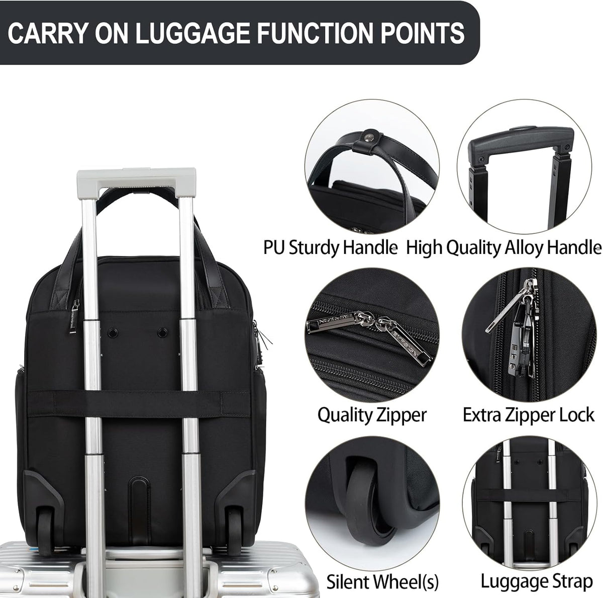 EMPSIGN Underseat Carry On Wheeled - 16" Carry on Bag with Wheels Multi-functional Lightweight Rolling Bag Overnight Weekender Small Suitcase for Women Men Travel Business, Black
