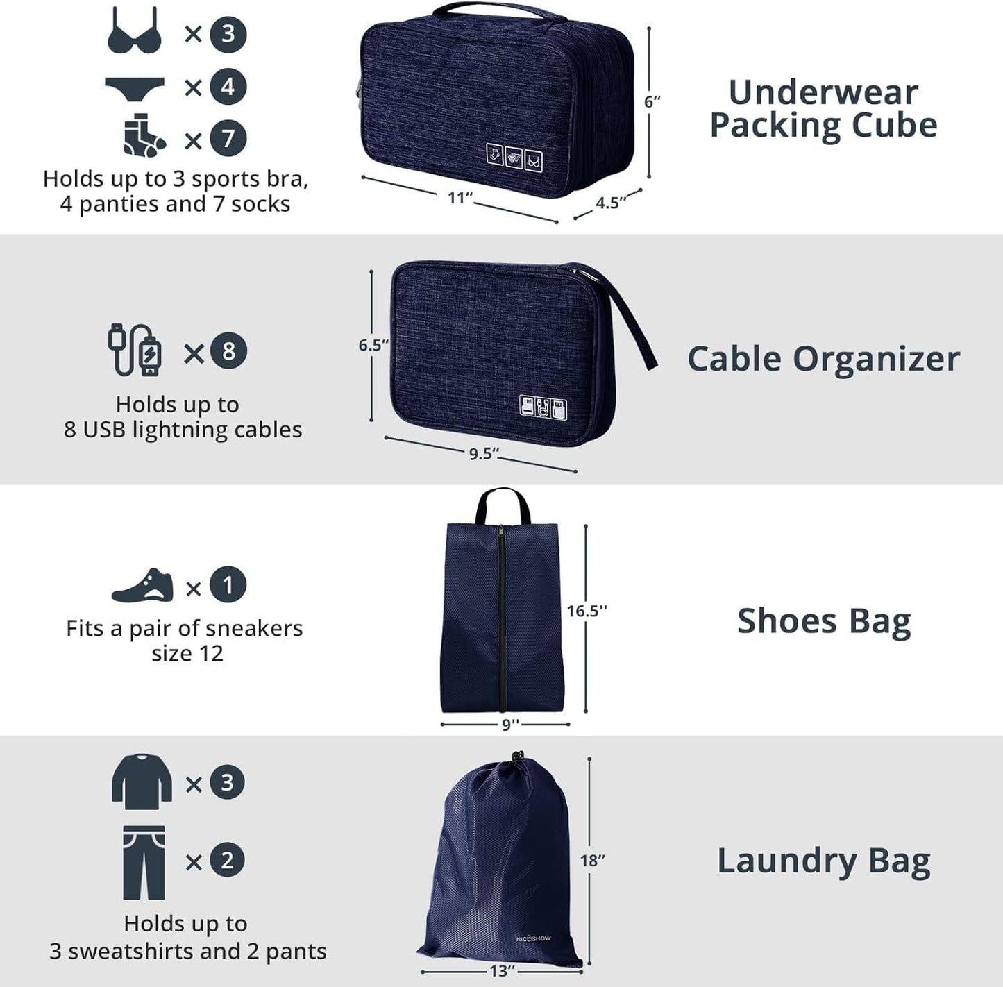 7 Set Compression Packing Cubes for Travel - Compressible, Lightweight, and Space-Saving Packing Cubes, Travel Essentials for Women, Navy