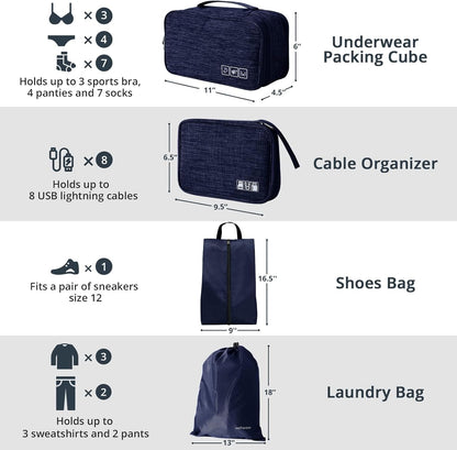 7 Set Compression Packing Cubes for Travel - Compressible, Lightweight, and Space-Saving Packing Cubes, Travel Essentials for Women, Navy