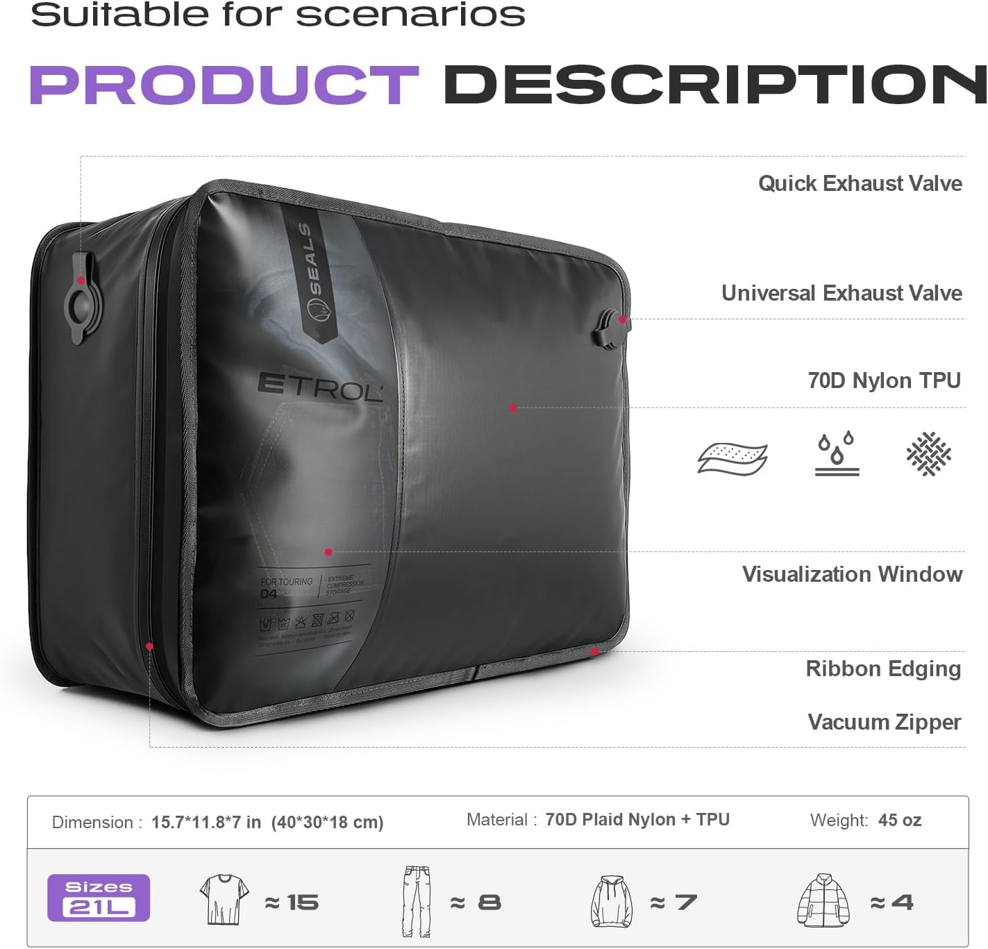 TPU Vacuum Bag for Travel, 70D Nylon Reusable Compression Bag with IP67 Waterproof Zipper, Compression Packing Cubes for Clothing, Space Saver Bags for Luggage and Backpack (Full Open, Grey,1Pcs)