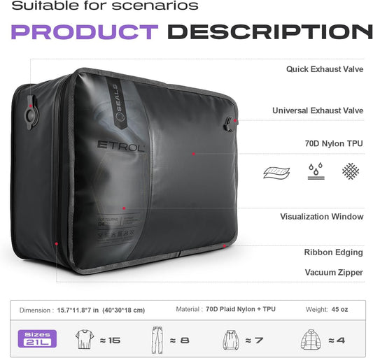 TPU Vacuum Bag for Travel, 70D Nylon Reusable Compression Bag with IP67 Waterproof Zipper, Compression Packing Cubes for Clothing, Space Saver Bags for Luggage and Backpack (Full Open, Grey,1Pcs)