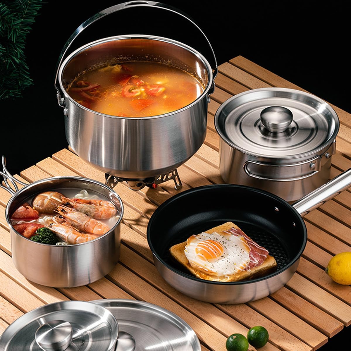 304 Stainless Steel Camping Cookware Set, Pots and Pans for Campfire Cooking, Includes Travel Tote Bag for 4-6 People