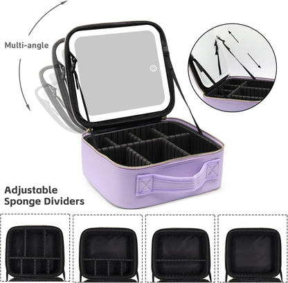 Travel Makeup Bag with Lighted Mirror, Makeup Organizer Bag with 3 Color Modes Adjustable Brightness, Makeup Bag with Mirror and Lights Portable Cosmetic Bag Tools Accessories Gift (Purple)