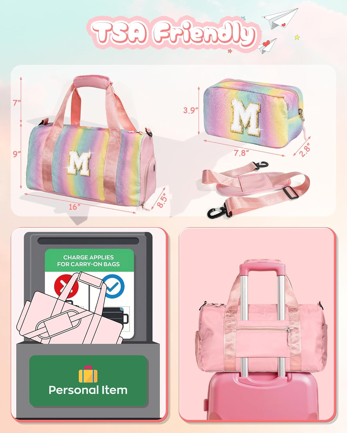 Birthday Gifts for Granddaughter-Girl Gym Bag with Shoe Compartment, Kid Personalized Weekender Overnight Bags, Initial Travel Tote with Makeup Pouch Valentine's Day Gift for Kids (Letter I)