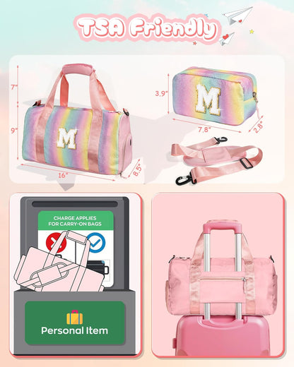 Gifts for 3 4 5 6 7 8 9 Year Old Girls-Girl Gym Bag with Shoe Compartment, Kid Personalized Weekender Overnight Bags, Initial Travel Tote with Makeup Pouch, Easter Gift for Teen (Letter C)