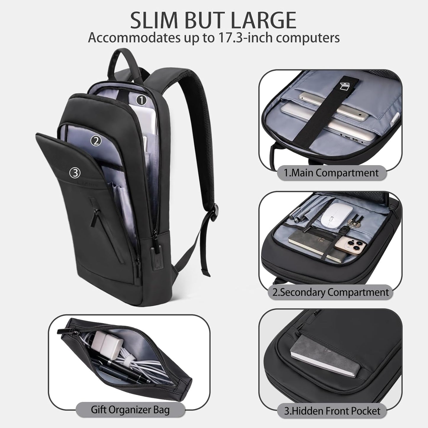 Business Backpack for Men Lightweight Commute Laptop Backpack Anti-Theft Water Resistant Backpack for 17.3 Inch Computer for Daily Office Work with Small Bag(Black)