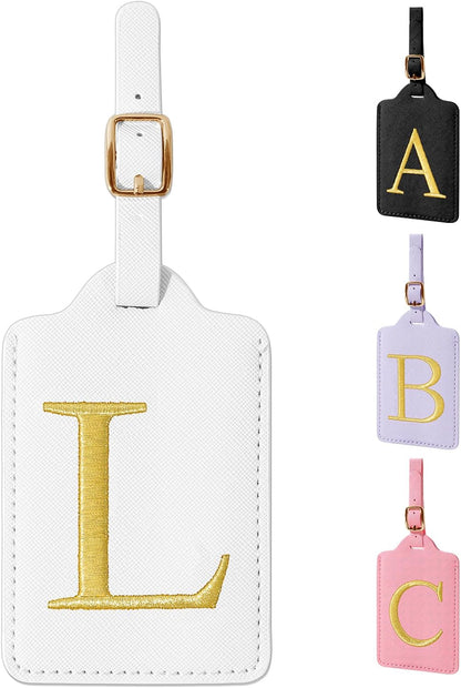 Personalized Initial Luggage Tags for Suitcase TSA Approved, White Leather Cute Luggage Tag with Privacy Cover Name Card, Embroidered Custom Luggage Tags Travel Baggage Tags Gifts for Women Kids(L)