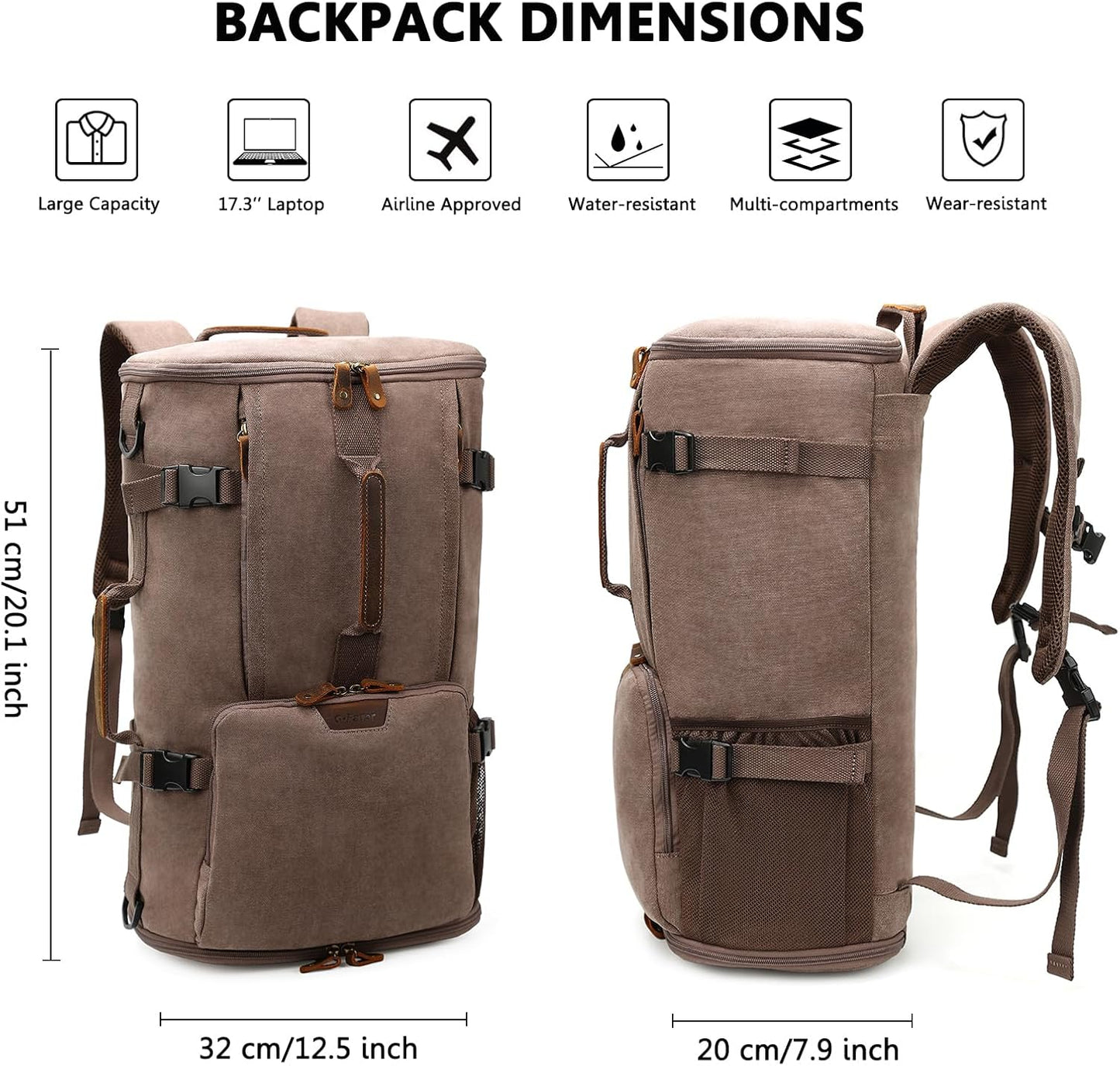 G-FAVOR 40L Travel Backpack, Vintage Canvas Rucksack Convertible Duffel Bag Carry On Backpack Fit for 17.3 Inch Laptop Bag