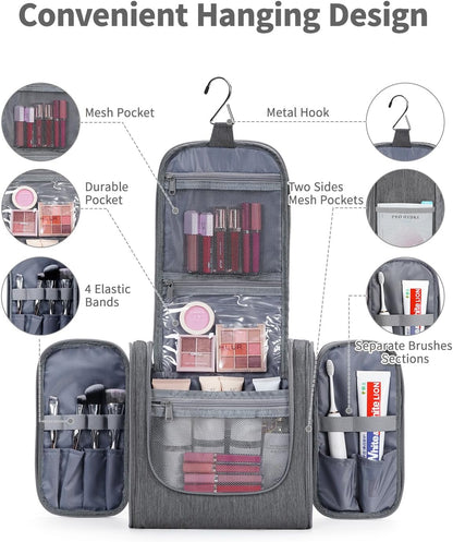 Narwey Hanging Toiletry Bag for Women Travel Makeup Bag Organizer Toiletries Bag Men for Cosmetics Essentials Accessories (Large, Grey)