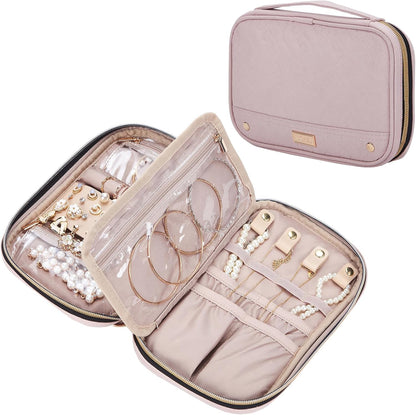 NISHEL Travel Jewelry Case, Holiday Organizer for Necklaces, Earrings, Rings, Bracelets, Watch, Pink