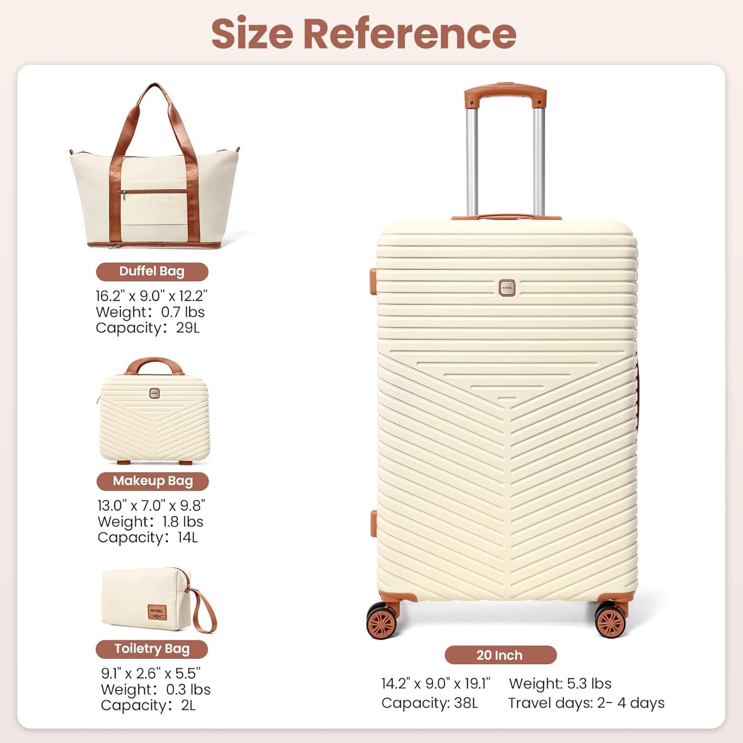 Hoteel 4 Piece Luggage Set (4-YEAR WARRANTY) Carry on ABS+PC Hard Shell Suitcase with Spinner Wheels & TSA Lock (Beige)