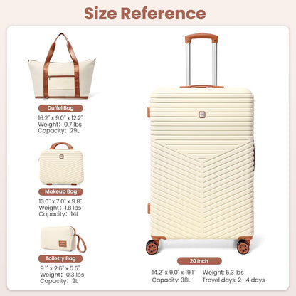 Hoteel 4 Piece Luggage Set (4-YEAR WARRANTY) Carry on ABS+PC Hard Shell Suitcase with Spinner Wheels & TSA Lock (Beige)