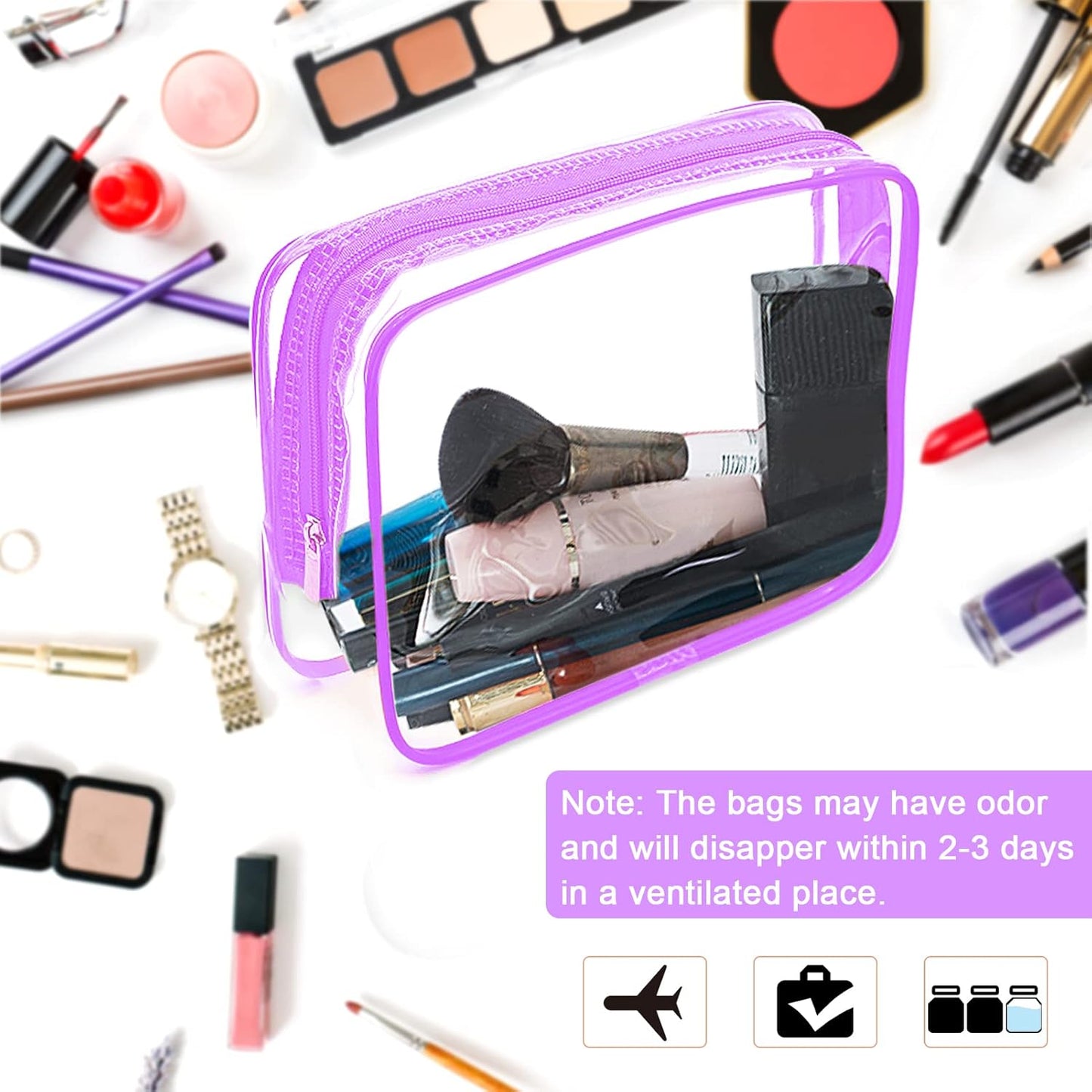 APREUTY Clear Makeup Bags, TSA Approved 6 Pcs Cosmetic Makeup Bags Set Clear PVC with Zipper Handle Portable Travel Luggage Pouch Airport Airline Vacation Organization (Purple)