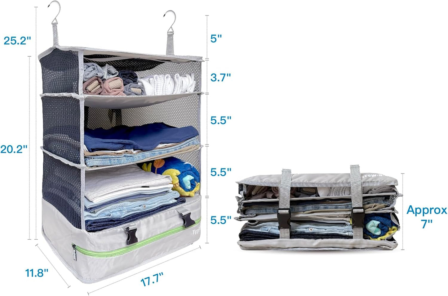 Stow-N-Go Travel Luggage Organizer – Portable Hanging Travel Shelves, Carry-On Closet Organizer, Hanging Packing Cubes, Collapsible Carry-On Organizer for Cruises & Hotels. Light Gray - XL