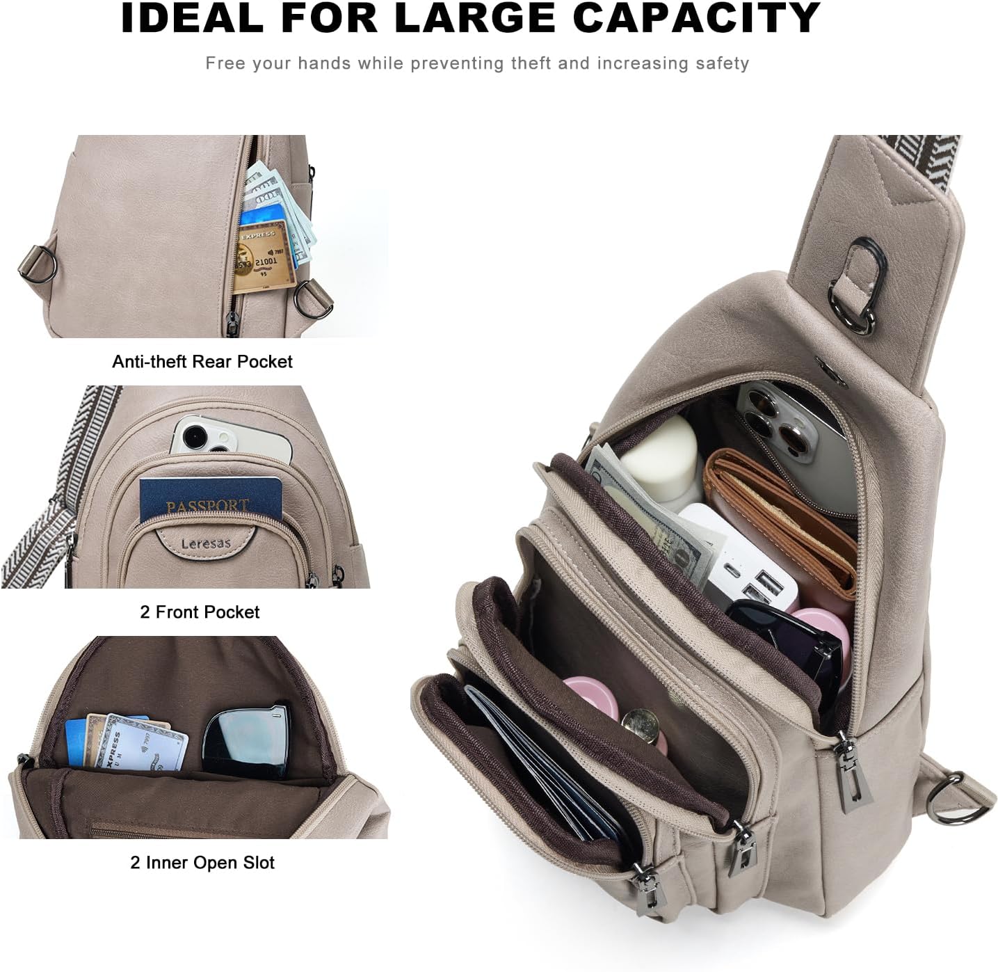 Crossbody Sling Bag for Women Men Anti Theft Cross Body Fanny Pack Belt Bag Purse Gifts for Women Faux Leather, Light Grey