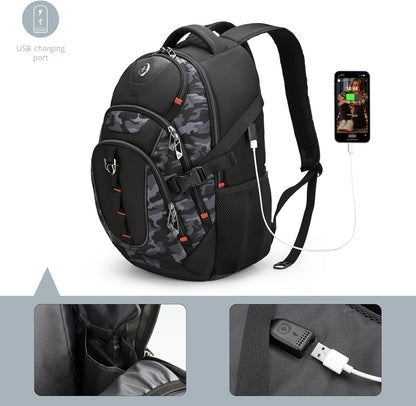 Swissdigital Design Laptop Backpack with USB Charging Port, TSA Travel Backpack Fits 15.6 inches Computer, 31L College School Backpack for Men, Gray Camo | SD803