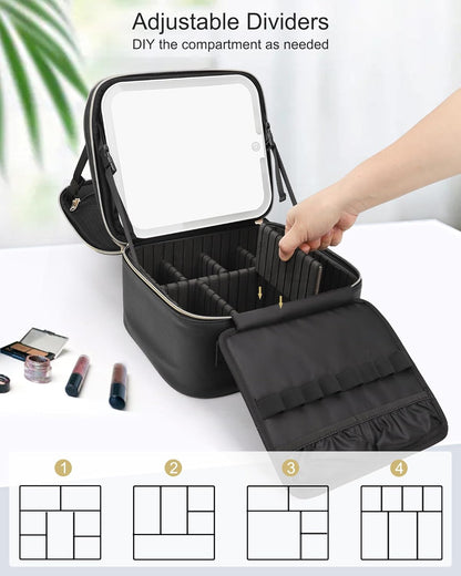 Relavel Makeup Bag with LED Mirror, Travel Makeup Case with Rechargeable Lighted Mirror 3 Color Lights, Dual Layer Cosmetic Box Makeup Brush Lipstick Holder Organizer for Women, Leather Black