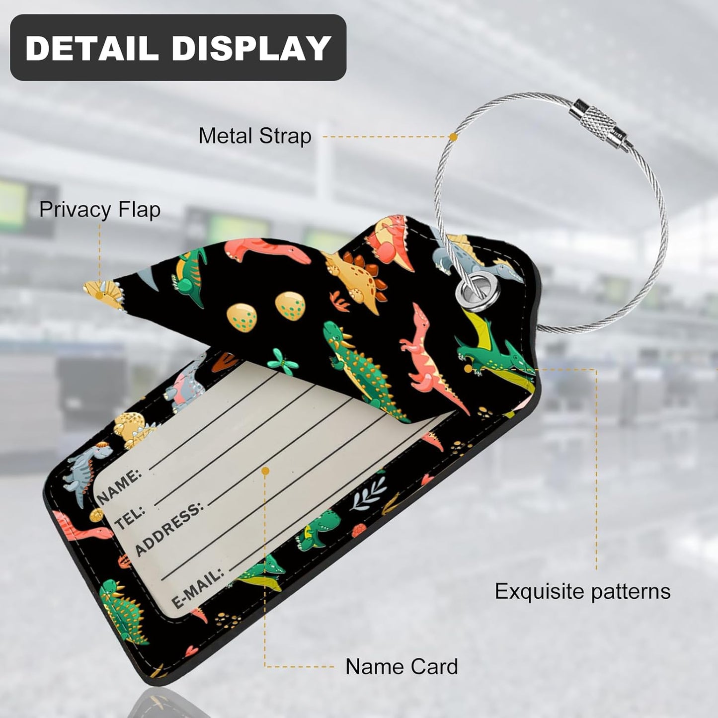 2Pack Luggage Tags for Suitcases, Cute Unique Pu Leather Cruise Luggage Tag with Privacy Cover ID Label Address Card and Metal Ring Suitable for Women Men Kids Travel Bag Dinosaurs and Plants