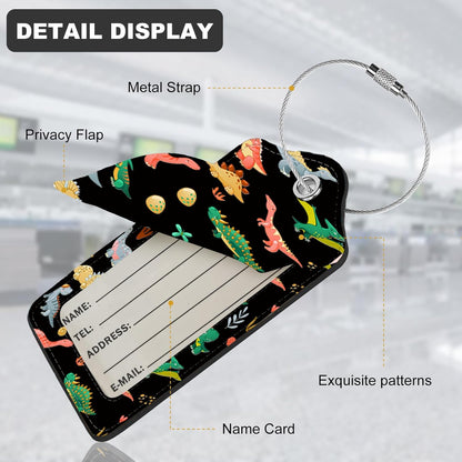 2Pack Luggage Tags for Suitcases, Cute Unique Pu Leather Cruise Luggage Tag with Privacy Cover ID Label Address Card and Metal Ring Suitable for Women Men Kids Travel Bag Dinosaurs and Plants