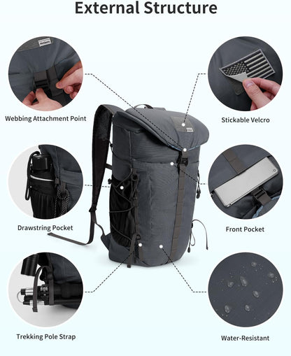 Blue Quartz Hiking Backpack 30L Lightweight Packable Backpack for Travel, Water Resistant Foldable Daypack for Women Men, Gray