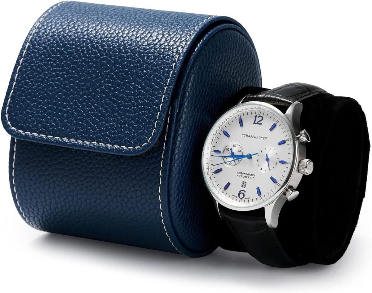 Oirlv Luxury Leather Travel Watch Case Single Watch Box for Men and Women Portable Jewelry Watch Storage Roll Organizer(Blue)