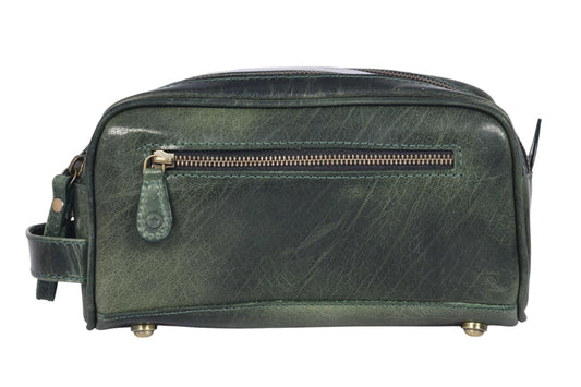 10" Premium Leather Toiletry Travel Pouch With Waterproof Lining | King-Size Handcrafted Vintage Dopp kit By Aaron Leather Goods (Seaweed Green)