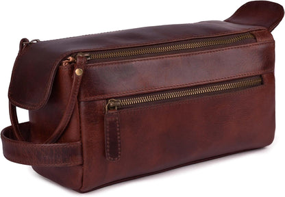 LEATHER VILLAGE Premium Leather Travel Toiletry Bag - Unisex Water-Resistant Travel Dopp Kit, Shaving & Cosmetic Organizer for Men & Women - Compact Bathroom Essentials - Cherry Brown