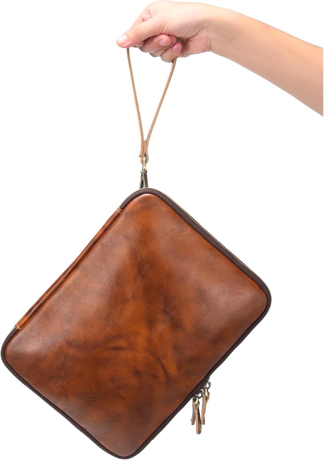 LANNSYNE Full Grain Leather Travel Cable Accessories Bag, Electronic Organizer Carry Case Double Layer Storage Case for Cables, Charger, Phone, Power Bank