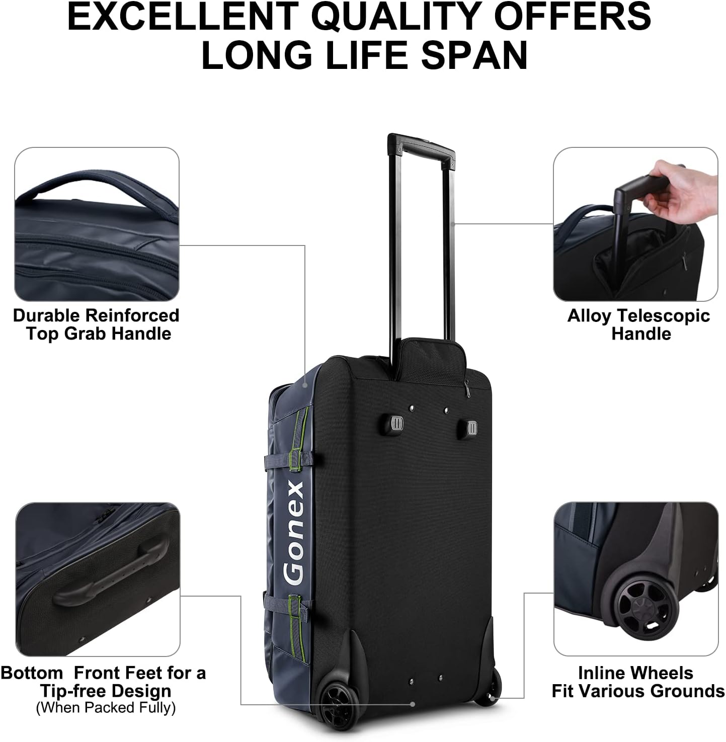 Gonex Rolling Duffle Bag with Wheels, 70L Water Repellent Wheeled Travel Duffel Luggage with Rollers 25 inch, Navy