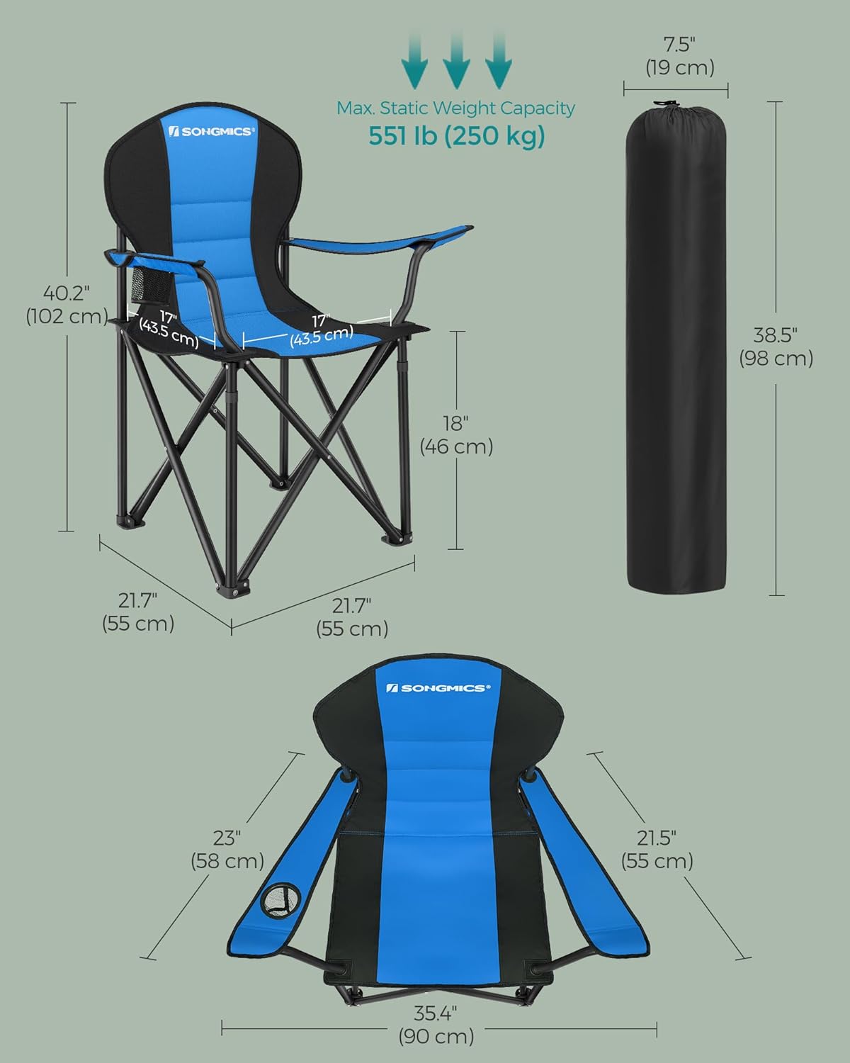 SONGMICS Folding Camping Chair, with Comfortable Sponge Seat, Cup Holder, Heavy Duty Structure, Max Load Capacity 551 lb, Outdoor Picnic Chair, Blue and Black UGCB06BU