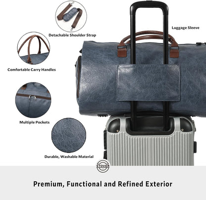 STOVER Garment Travel Duffle Bag, Large 2-in-1 Convertible Carry-on Luggage for Men & Women- Hanging Suits, Dresses & Clothes + Shoe Compartment- Weekender Tote Combo Duffel (Blue Leatherette)