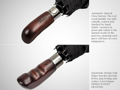 Balios Travel Folding Umbrella with Real Wood Handle Auto Open Close Vented Windproof Canopy - Designed in UK