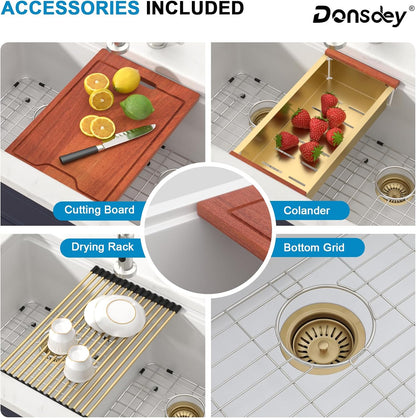 33 Inch Classic White Undermount Granite Composite Kitchen Sink Under Counter Quartz Single Bowl Sink Workstation Sinks with Accessories Quick Drain Noise Reduction Home Renovation Gold Accessories