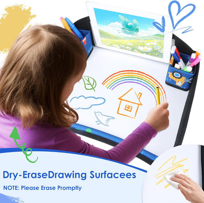 Kids Travel Tray for Airplane - Toddler Car Seat Table Tray, Road Trip Essentials for Boys & Girls, Carseat Lap Desk for Kids Road Trip Activities (Dark Blue Car)