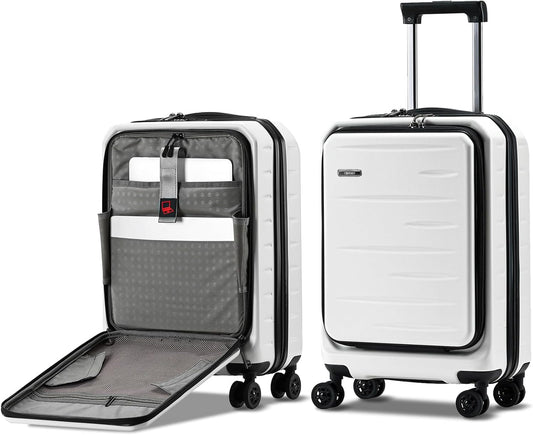 Carry On Luggage 22×14×9 Airline Approved, 20 Inch Lightweight ABS+PC Hard Shell Suitcases with Front Pocket, Spinner Wheels, TSA Lock (White, 1PC)