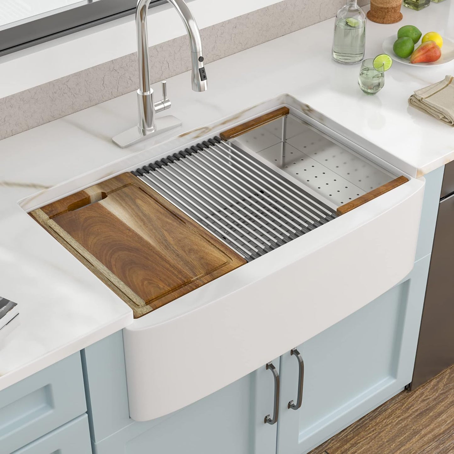 33 White Farm Sink Workstation - Fulorni 33"x21" Apron Front Farmhouse Sink Workstation with Slide Ledge White Ceramic Porcelain Fireclay Single Bowl Farmer Kitchen Sink Basin