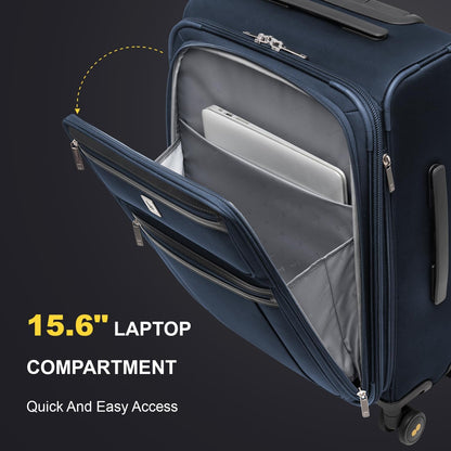 LEVEL8 Carry On Luggage Airline Approved with Compartment, Softside Expandable Rolling Suitcase with Spinner Wheels, Blue, Carry-On 20-Inch