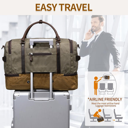 Nerlion Green Large Weekender Overnight Duffel Bag with Shoe Compartment and Leather Accents