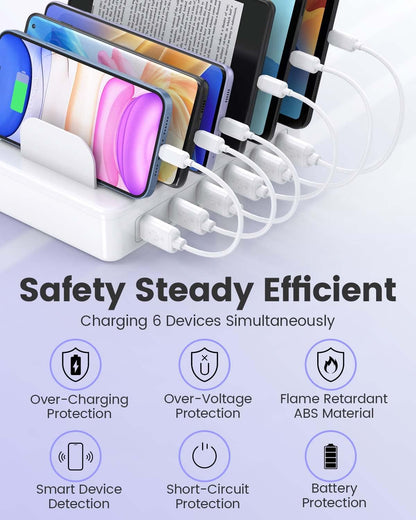 Charging Station for Multiple Devices Apple, CREATIVE DESIGN 50W Multi Charger Station with 6 USB Ports & 6 Cables, Charging Dock for Apple Android Phone iPad Kindle Tablet and Other Electronic