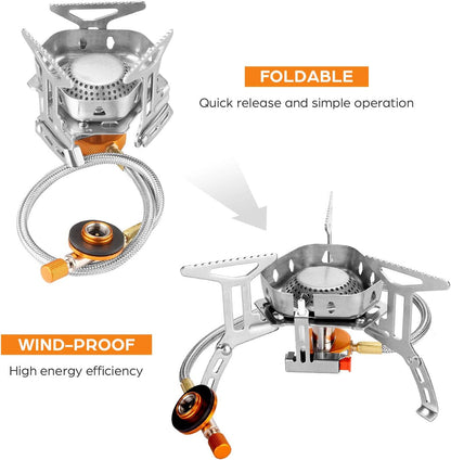 Odoland 3500W/6800W Windproof Camp Stove Camping Gas Stove with Fuel Canister Adapter, Piezo Ignition, Carry Case, Portable Collapsible Stove Burner for Outdoor Backpacking Hiking and Picnic